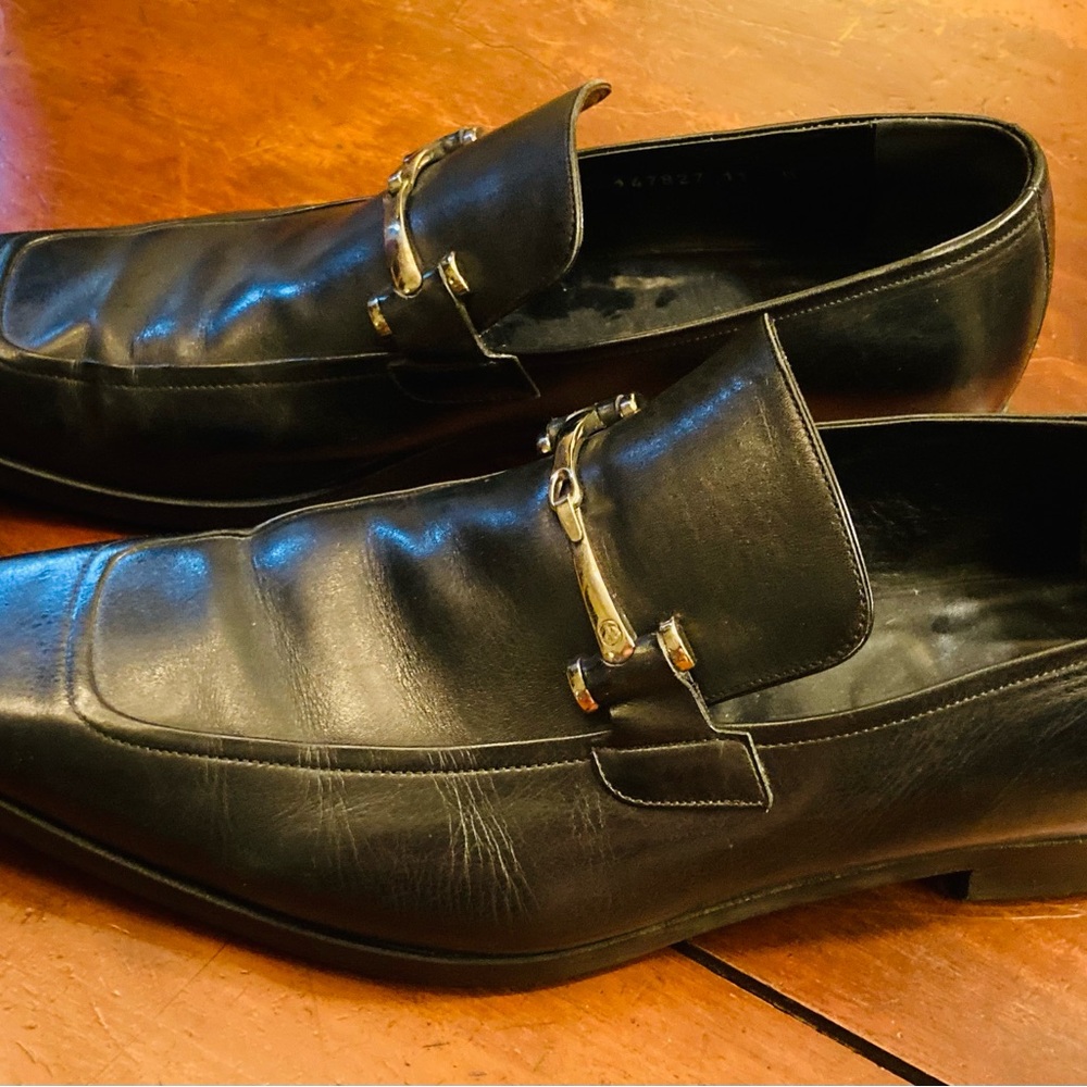 Classic Italian Gucci gloss black leather silver horse bit square toe loafers - Picture 5 of 11